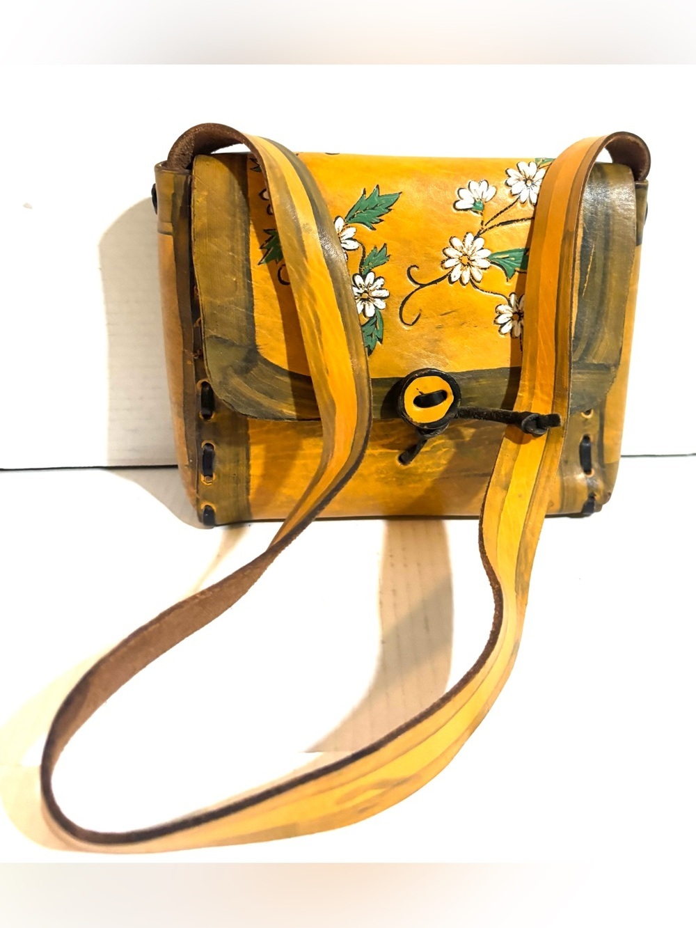 Vintage handmade Yellow Floral Hand-Painted Leather Crossbody